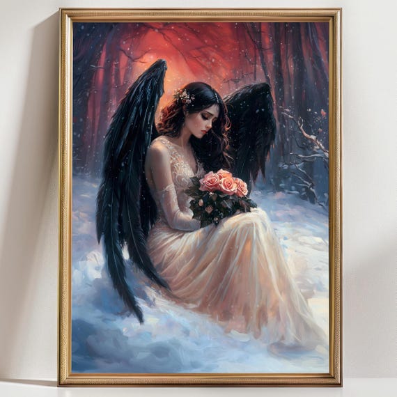 Dark Angel Print Moody Painting Vintage Woman Print Victorian Decor Wall Art Dark Moody Antique Art Print Othic Home Decor Gothic Prints