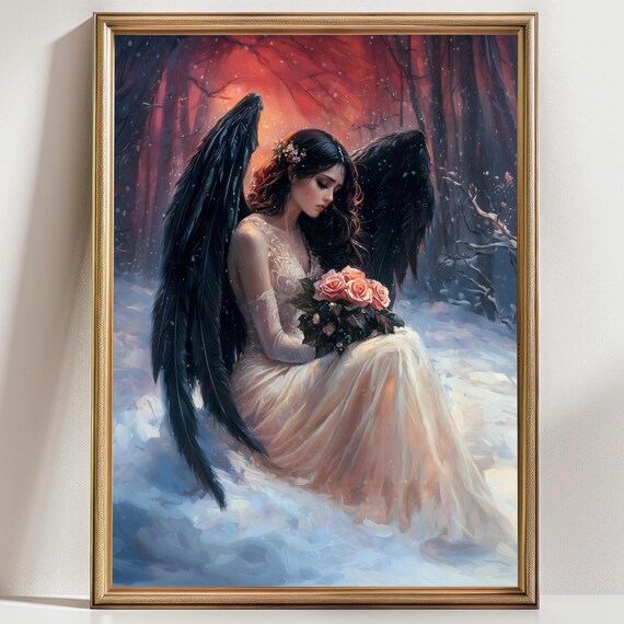 Dark Fallen Angel Black Wings Snow Roses Gothic Fantasy Art Print