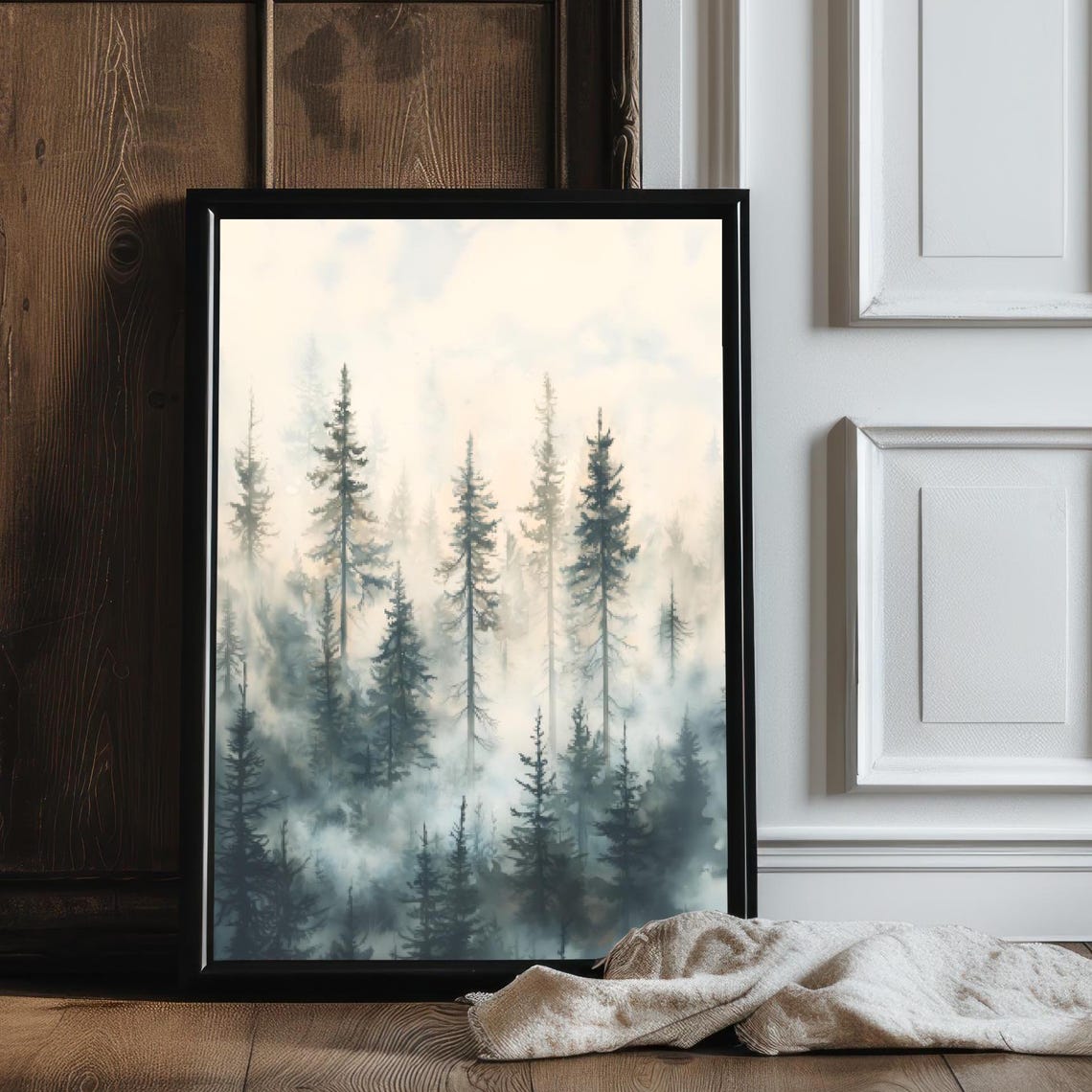 Foggy Misty Pine Forest Watercolor Soft Sage Green Woodland Art Print - Image 3