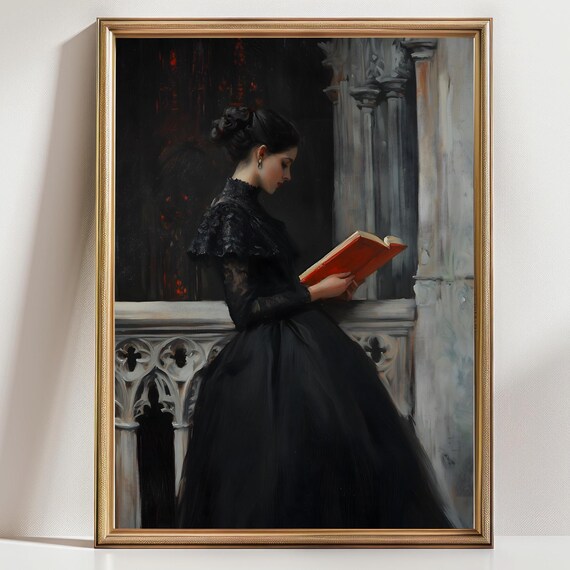 Victorian Woman Reading Red Book Gothic Balcony Dark Romance Art Poster