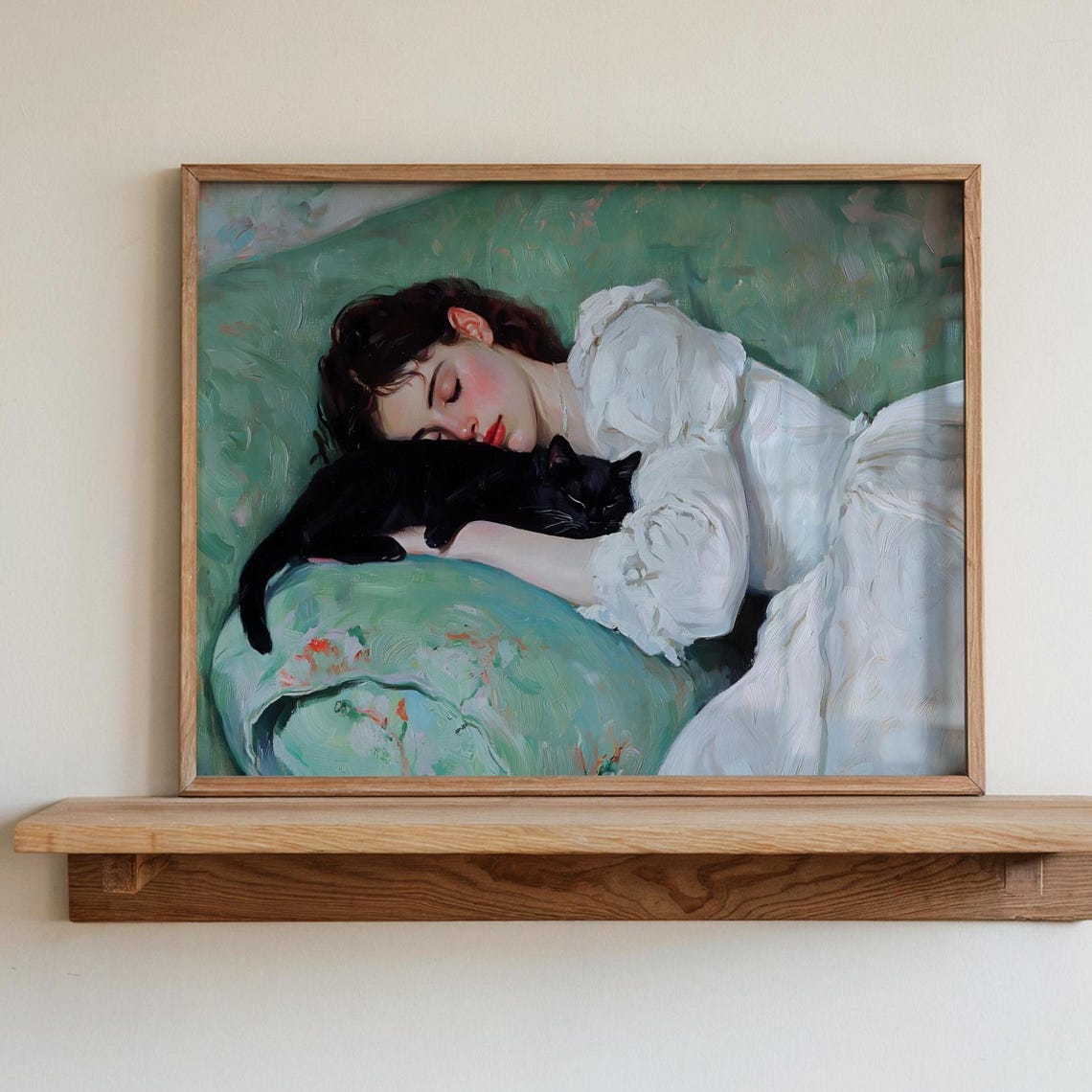 Woman In White Dress Napping With Black Cat Green Couch Painting Print - Image 4