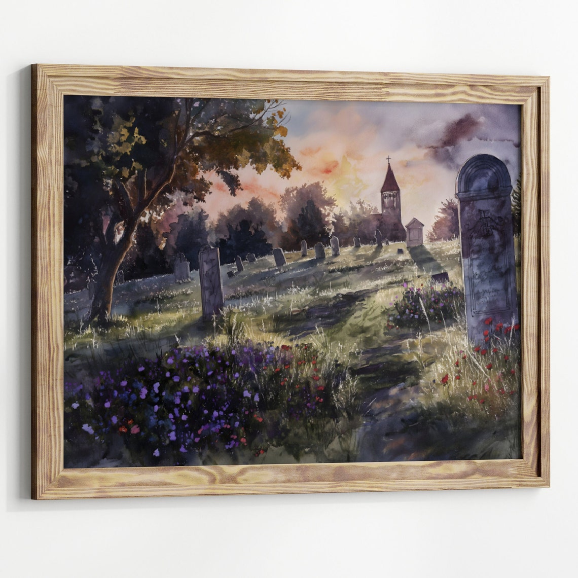 Graveyard Wildflowers At Sunrise Watercolor Church Cemetery Art Print - Image 3
