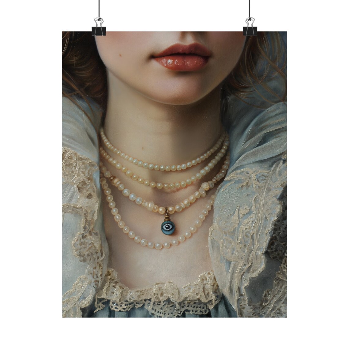 Woman Pearl Necklaces Evil Eye Pendant Moody Victorian Close-Up Wall Poster - Image 3