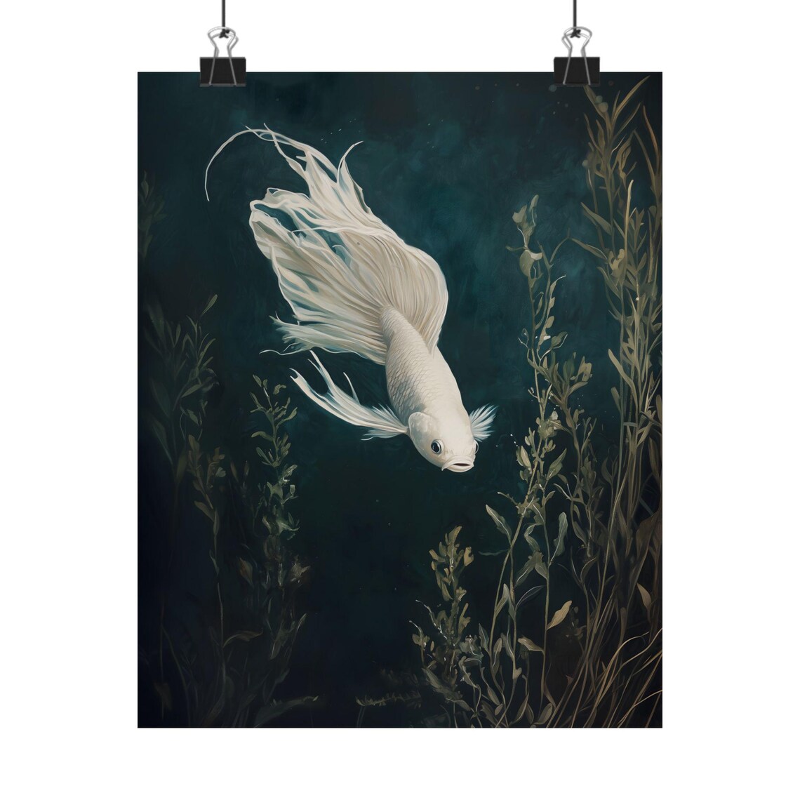White Betta Fish Watercolor Aquarium Art Print - Image 2