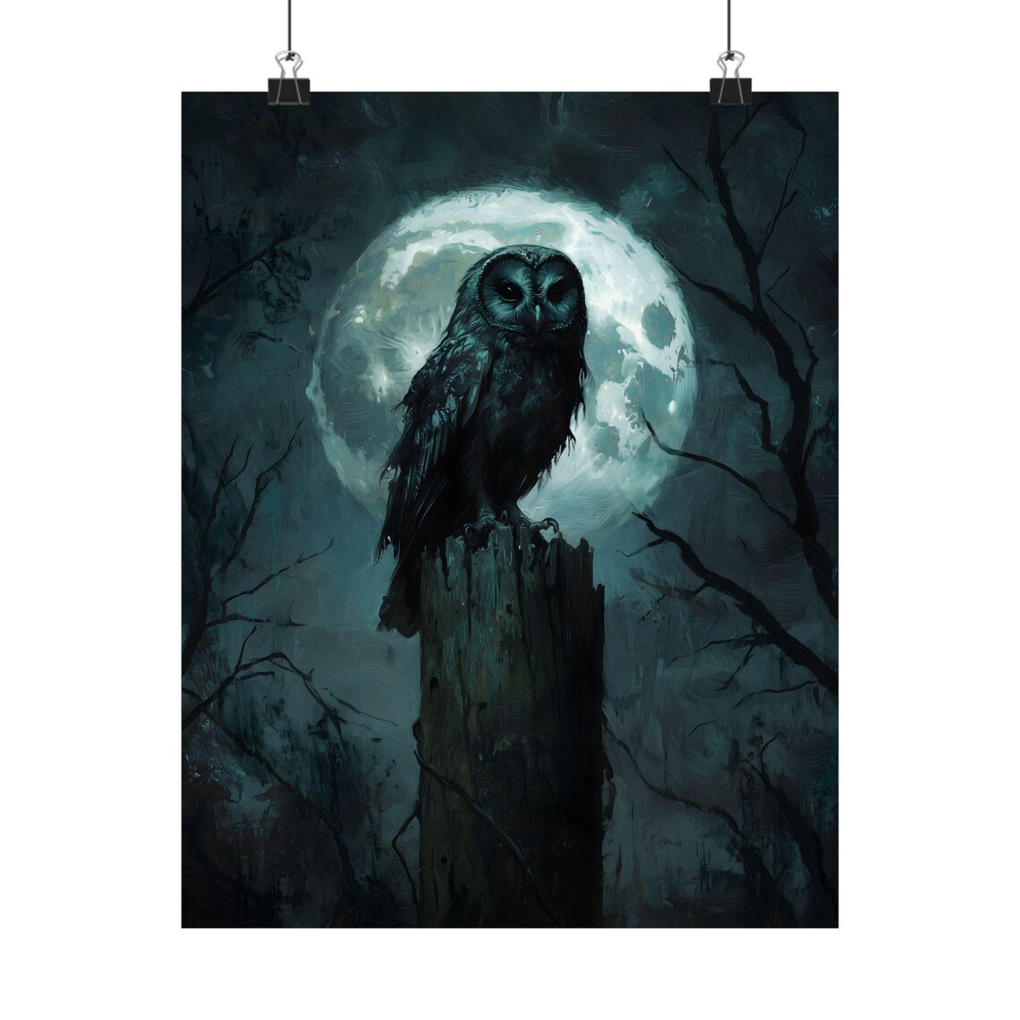 Black Owl On Tree Stump Full Moon Dark Gothic Night Forest Moody Art Print - Image 2