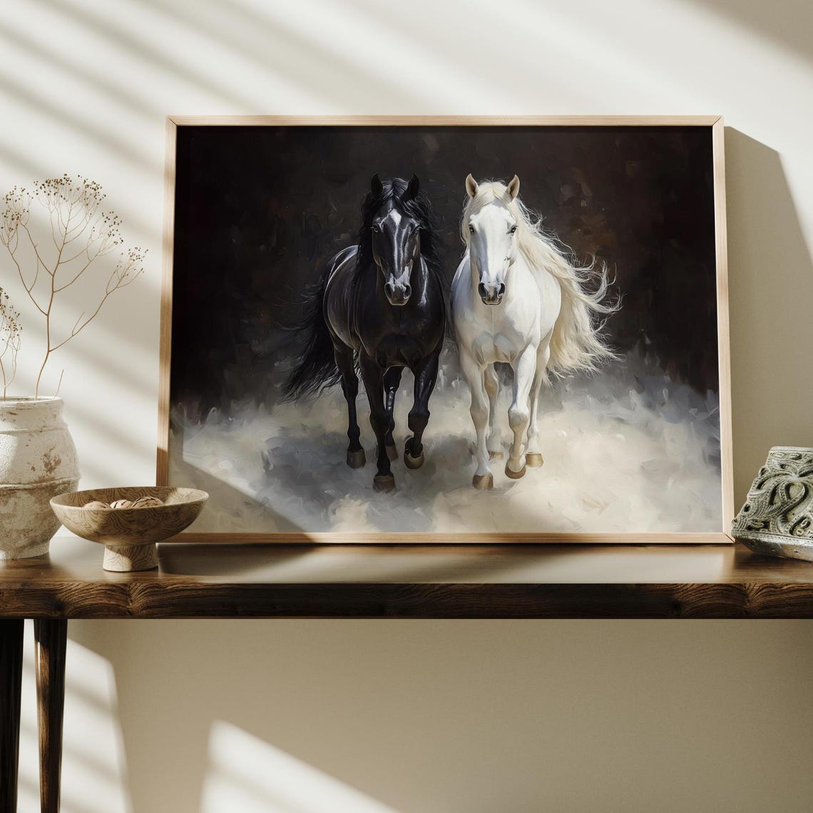 Black And White Horses Galloping Dramatic Dark Equestrian Art Poster
