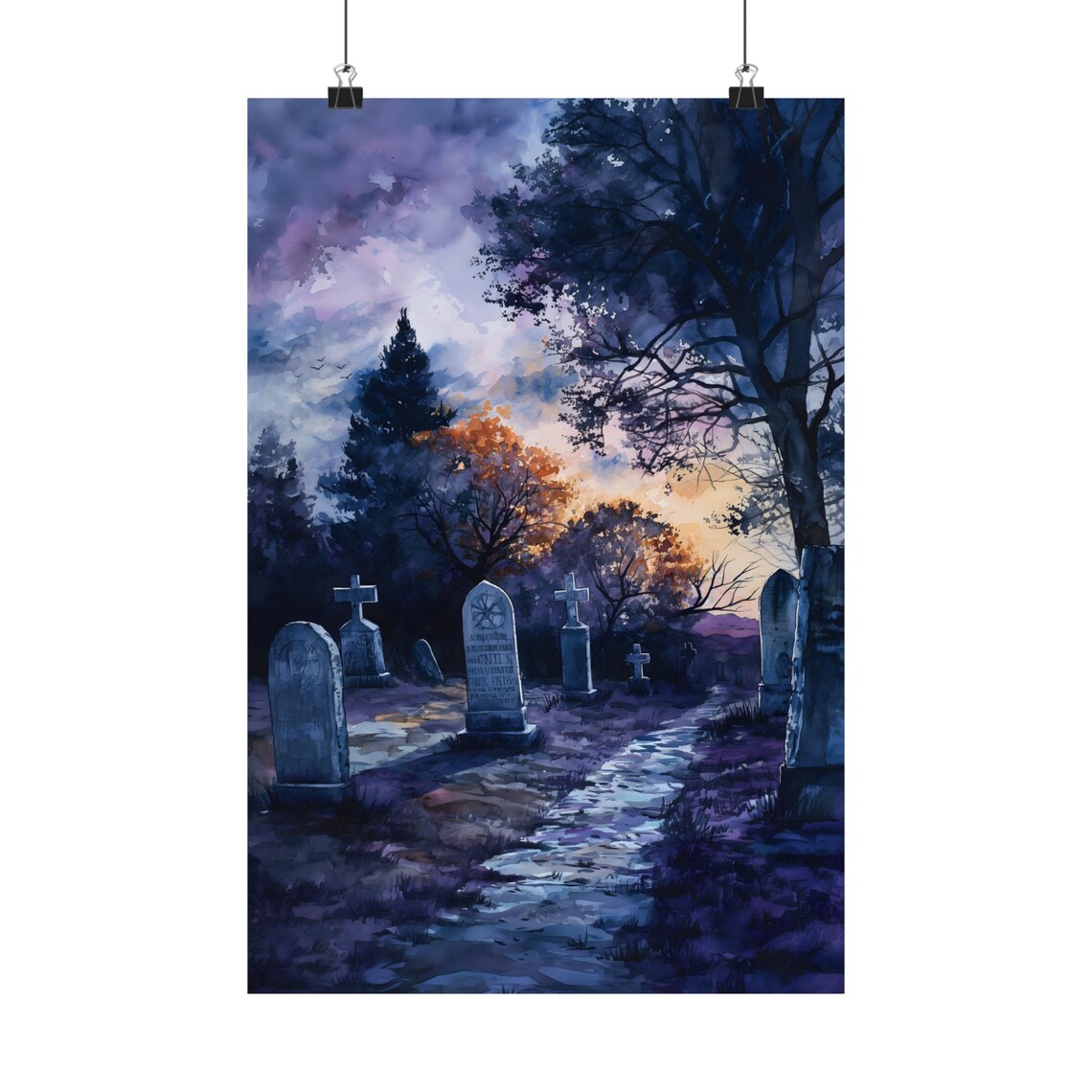 Gothic Graveyard At Dusk Purple Orange Sunset Cemetery Watercolor Print - Image 2