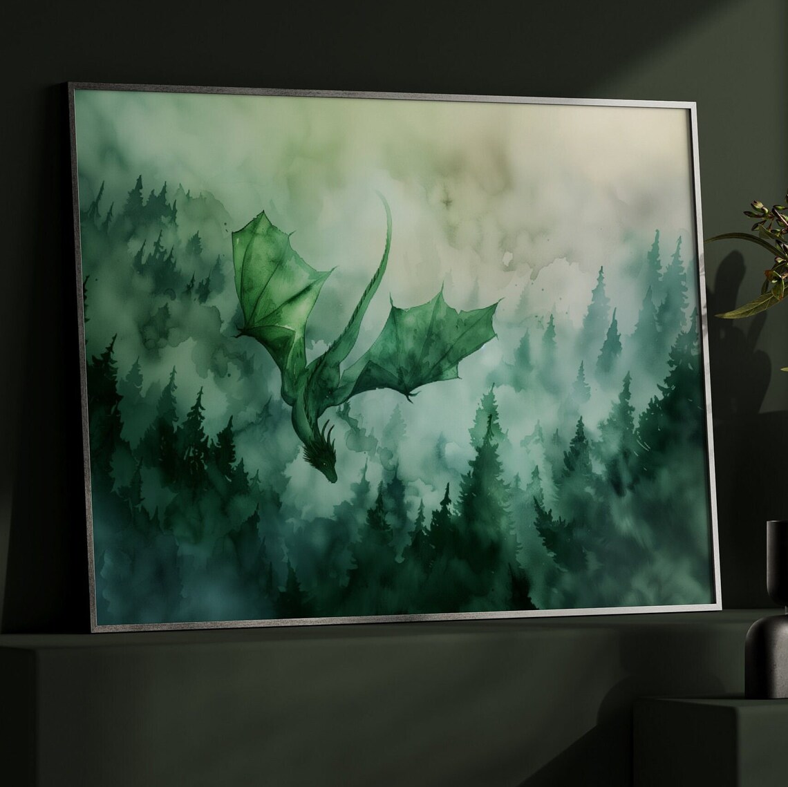 Forest Dragon Watercolor Art Print, Dark Academia