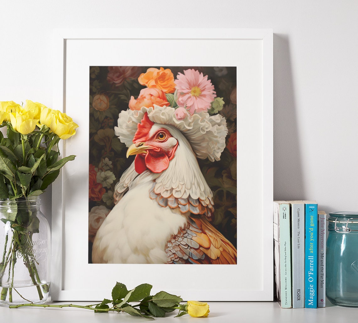 Victorian Chicken Portrait Floral Lace Bonnet Whimsical Hen Wall Art - Image 2