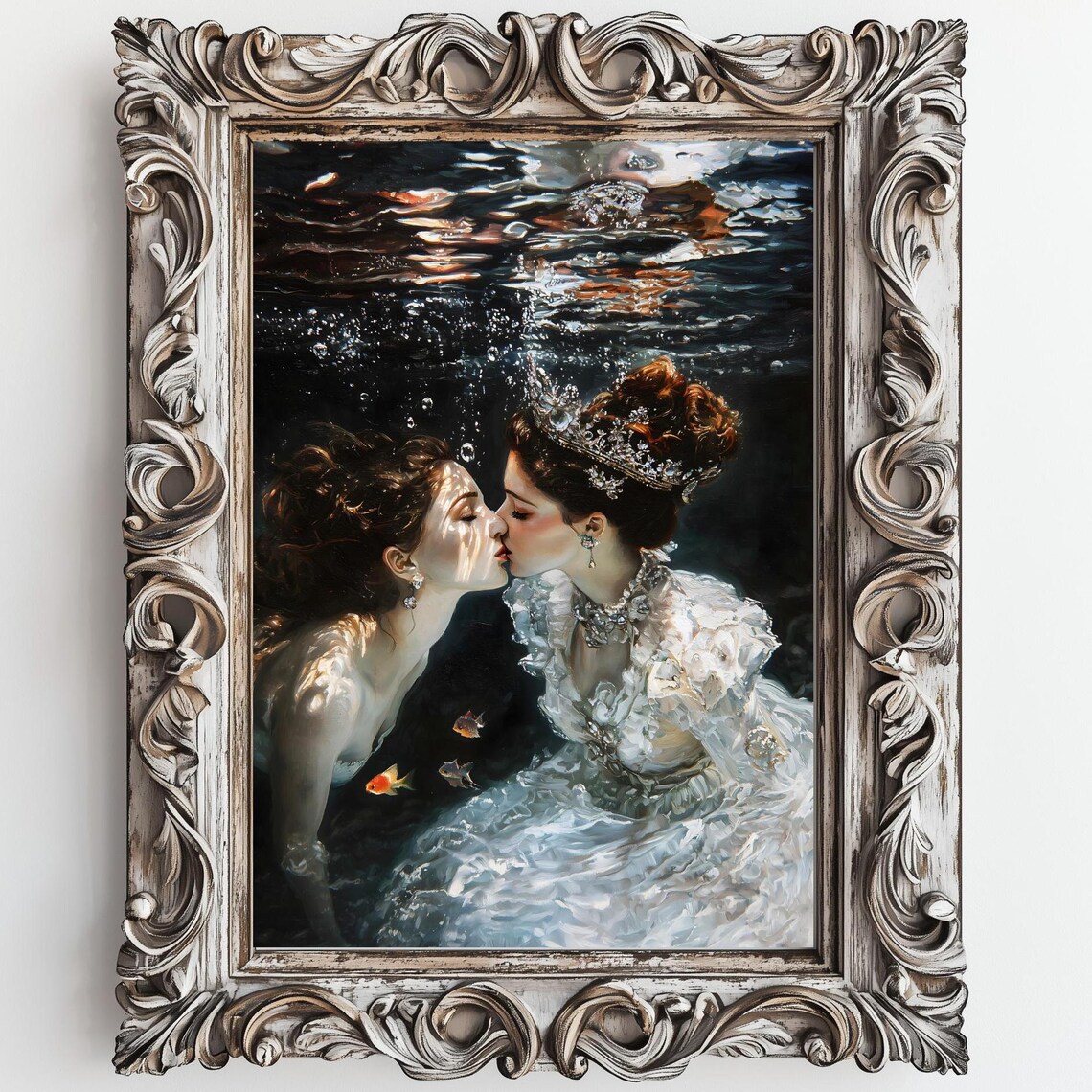 Underwater Love Queens Kiss Crowned Women Ocean Oil Painting Print - Image 3