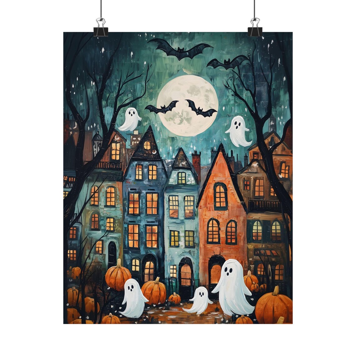 Halloween Town Folk Art Ghost and Pumpkin Poster - Image 2