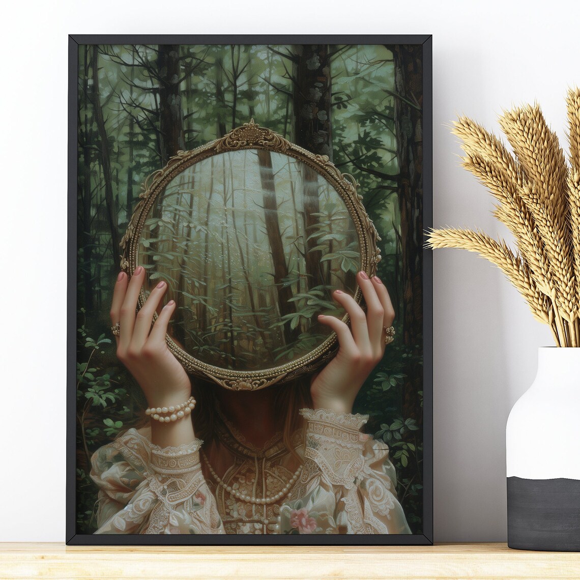 Woman Holding Antique Mirror In Forest Victorian Lace Surreal Poster
