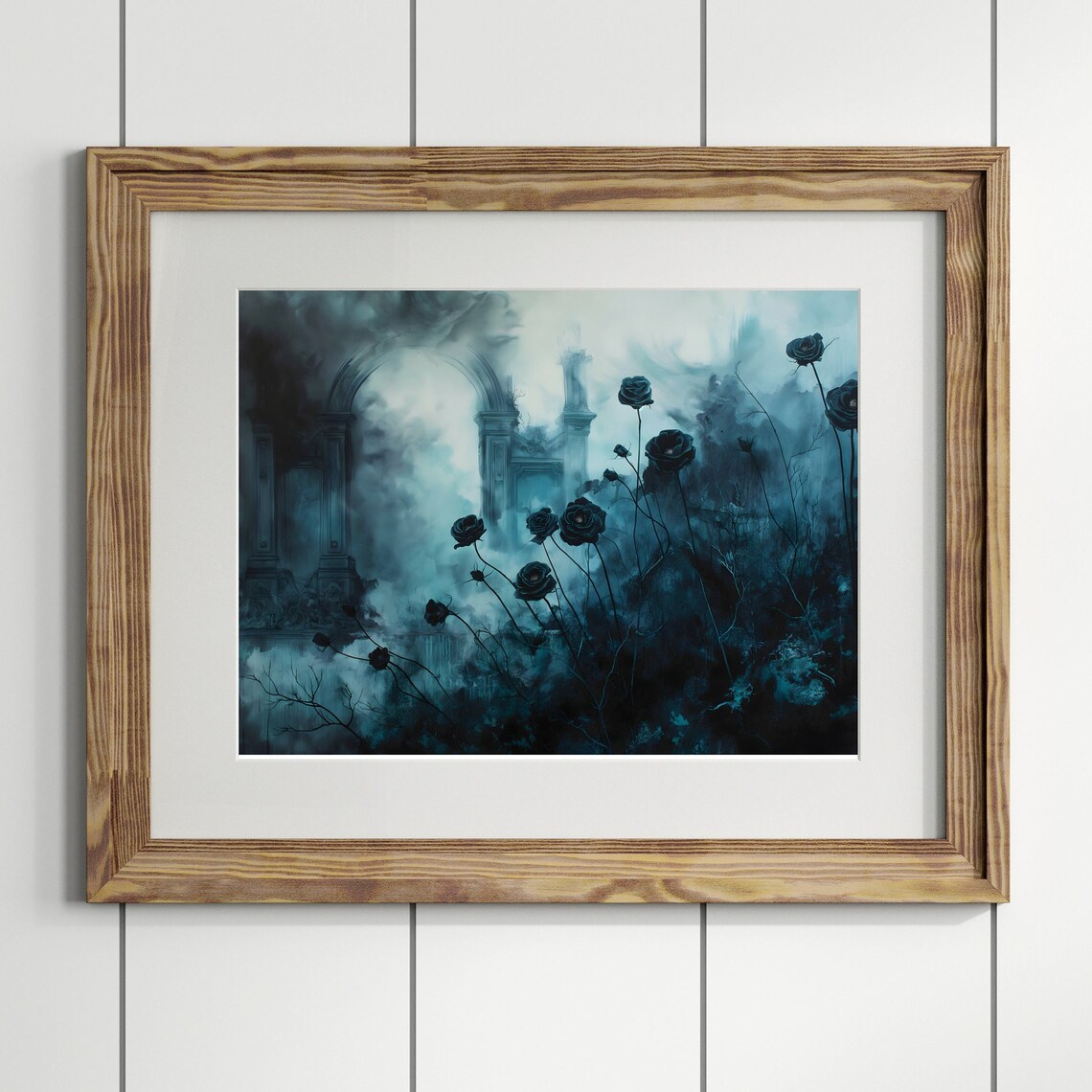 Black Roses Ruined Gothic Arches Fog Blue Watercolor Dark Art Print - Image 3