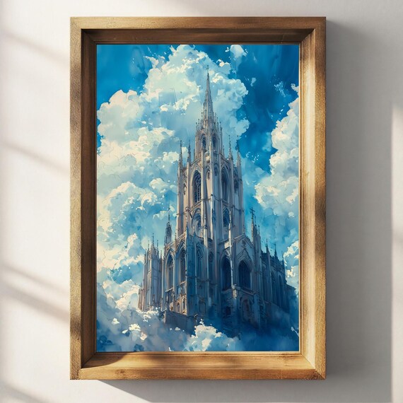 Tall Gothic Cathedral Tower Rising Into Dramatic Clouds Watercolor Poster