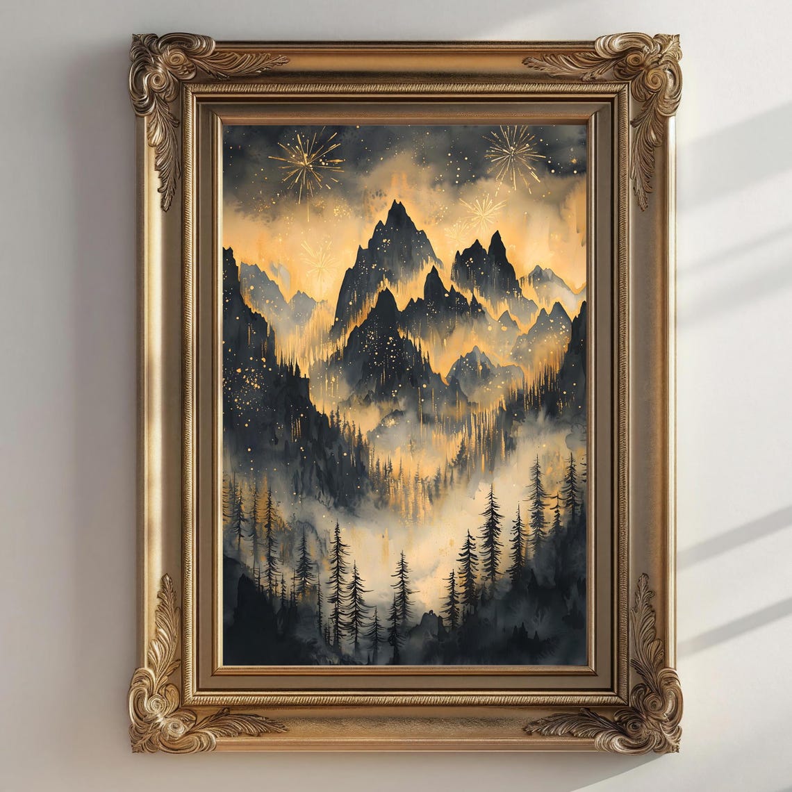Celestial Gold Mountain Peaks Under Starry Night Moody Sky Wall Art