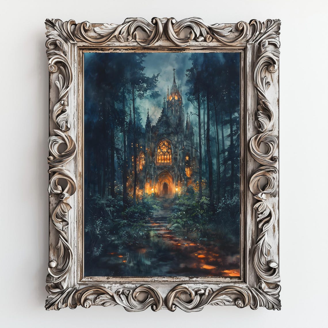 Glowing Gothic Cathedral Night Forest Stone Path Lanterns Dark Poster - Image 2