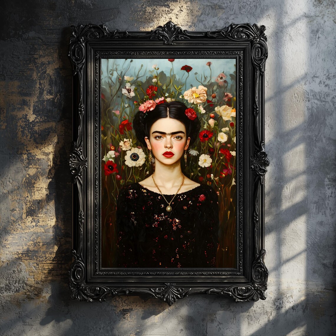 Frida Kahlo Inspired Portrait Wildflowers Black Dress Dark Art Print - Image 3