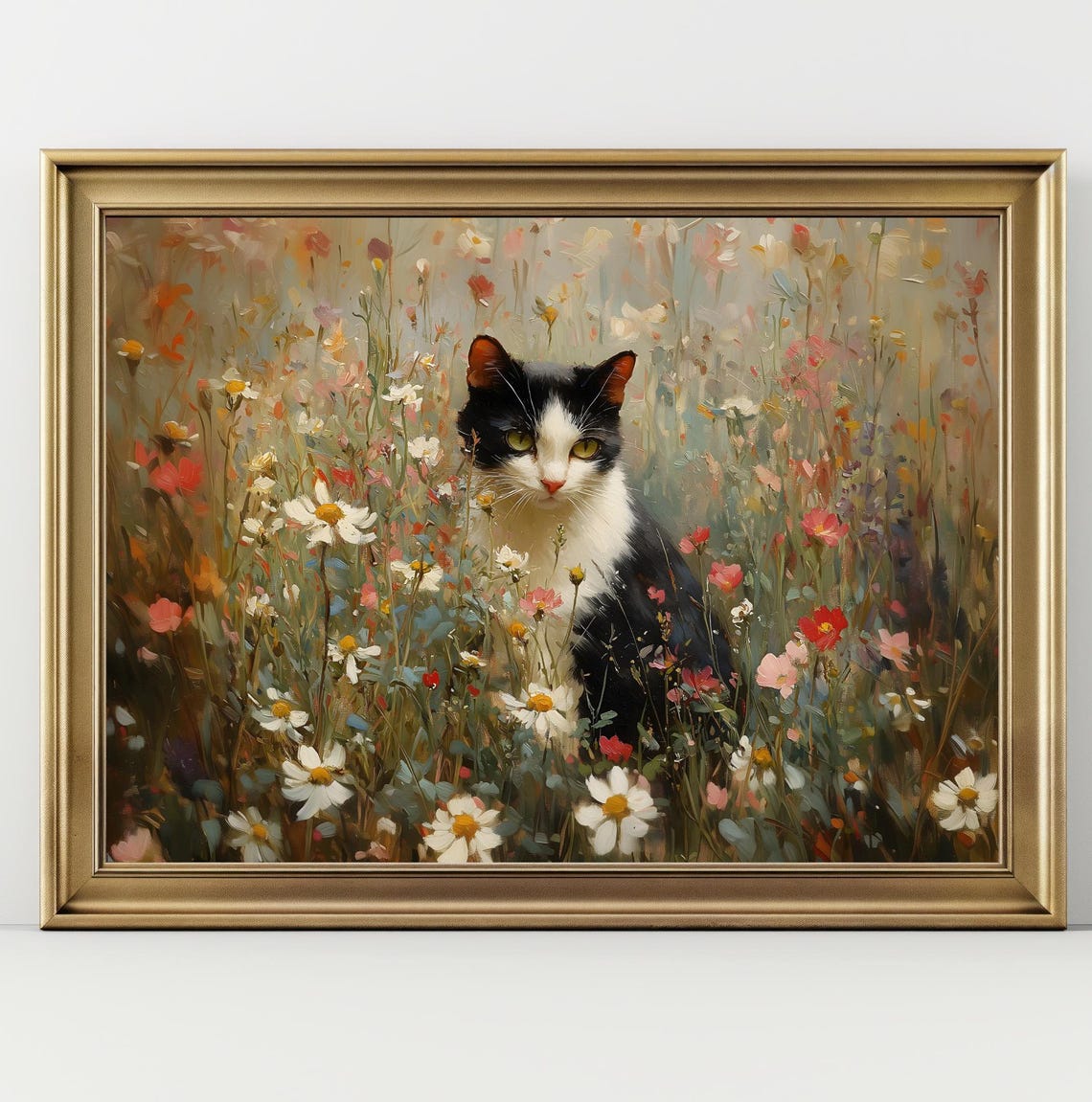 Cat Floral Painting Vintage Cottagecore Art Flowers Landscape Painting Animal Art Print Vintage Print Cat Wall Art Cat Lover Gift