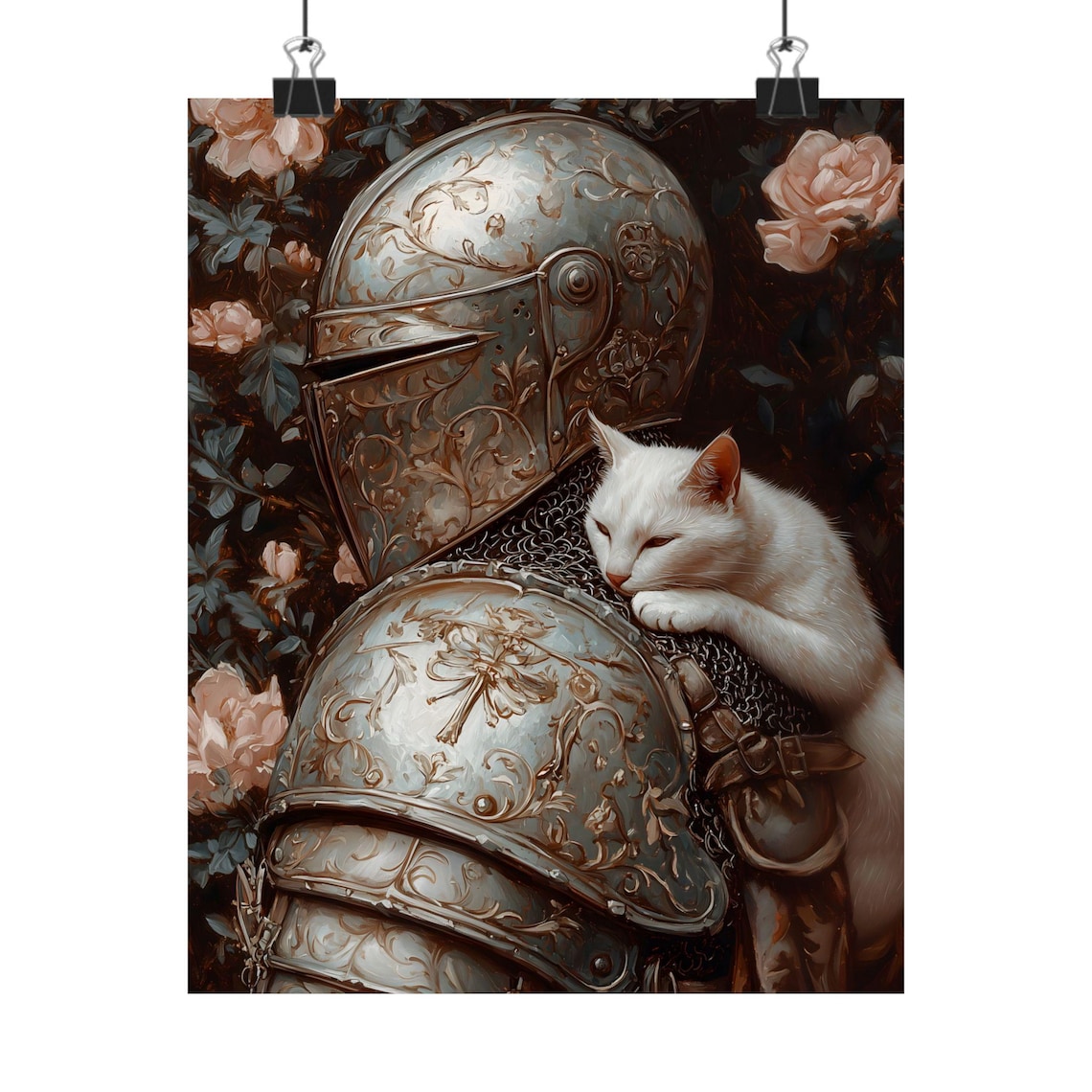 Medieval Knight With Cat, Gothic Fantasy Art Print - Image 2