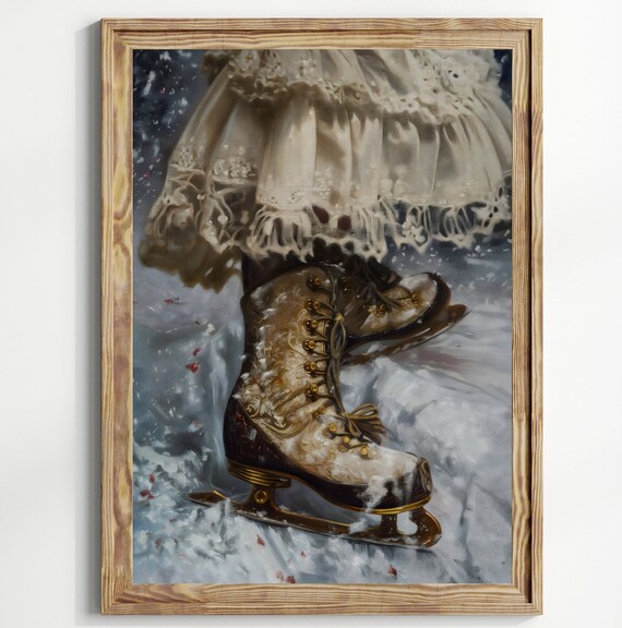 Ice Skates Victorian Art Poster Print Moody Painting Vintage Woman Print Victorian Decor Wall Art Dark Moody Cottagecore Art