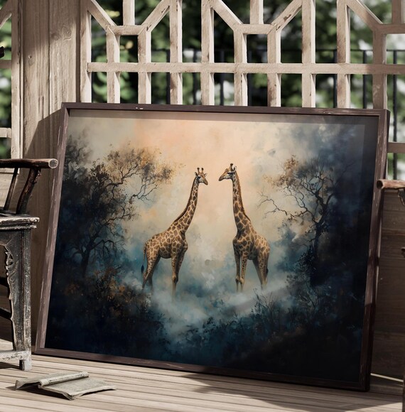 Two Giraffes Facing Misty Pale Forest Dreamy Wildlife Wall Art