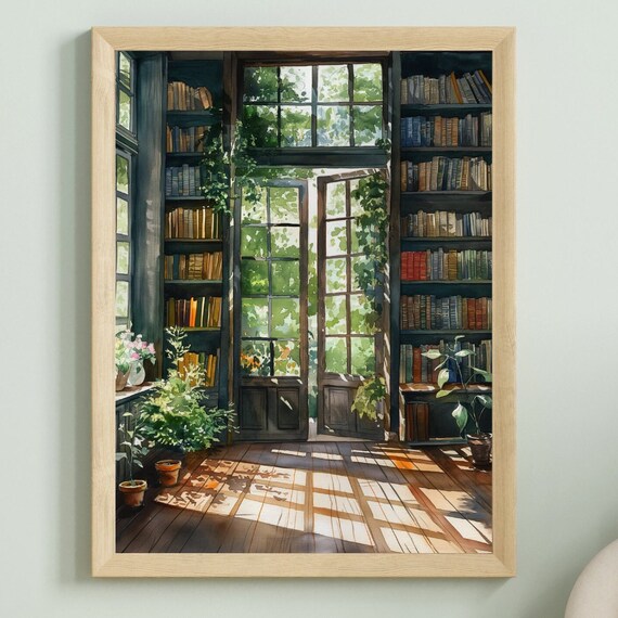 Sunlit Greenhouse Library French Doors Garden Watercolor Book Lover Print
