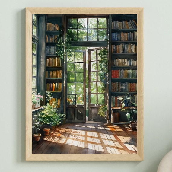 Vintage Library Poster Greenhouse Library Reading Book Lovers Gift Antique Wall Art Retro Book Lovers Art Library Art Gift Idea