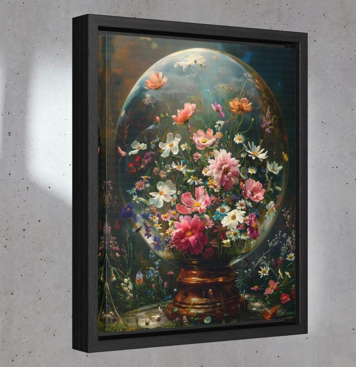 Wildflowers Glass Orb Dome Dark Moody Botanical Painting Wall Art