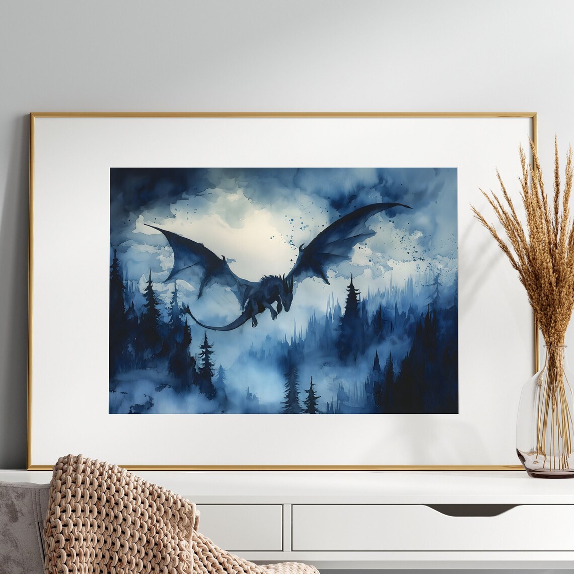 Blue Dragon Watercolor Fantasy Art Print, Dark Academia - Image 2