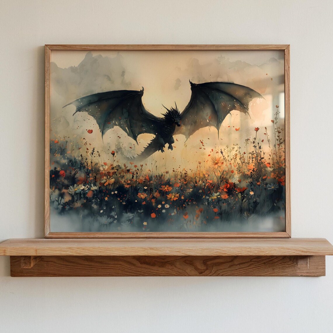 Dragon Watercolor Fantasy Art Print, Dark Academia