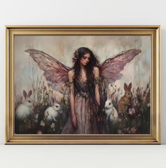 Whimsical Fairy with Bunnies Enchanted Forest Magical Art Poster