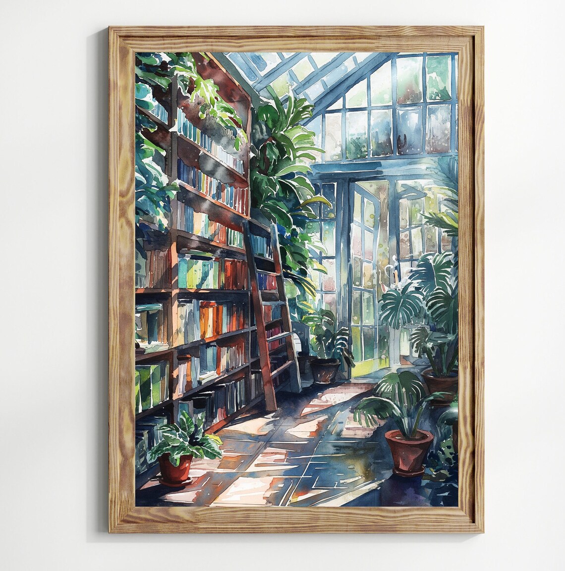 Greenhouse Library Tall Bookshelves Glass Ceiling Plants Watercolor Bookish Print