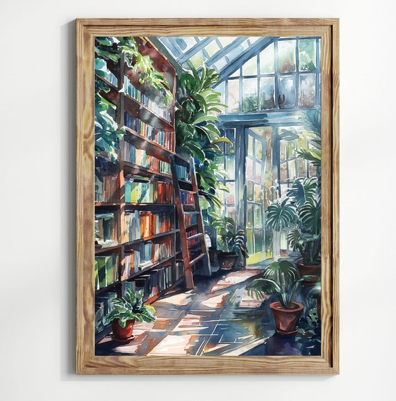 Vintage Library Poster Greenhouse Library Reading Book Lovers Gift Antique Wall Art Retro Book Lovers Art Library Art Gift Idea