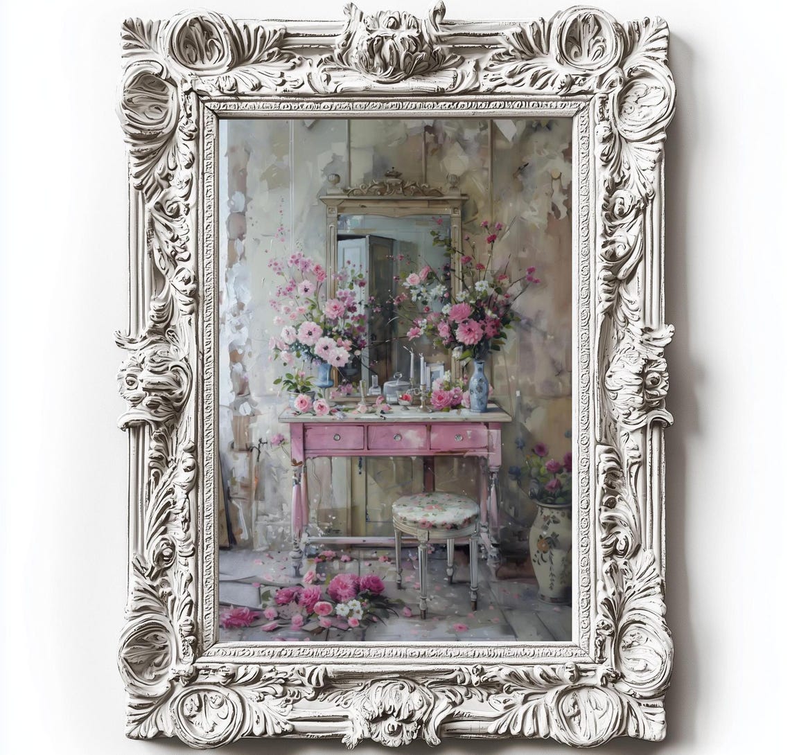 Pink Vanity Mirror Abundant Roses Shabby Chic Boudoir Wall Art