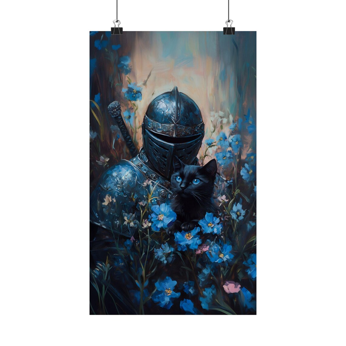 Armored Knight With Black Cat Sword Blue Wildflowers Dusk Fantasy Art Print - Image 2