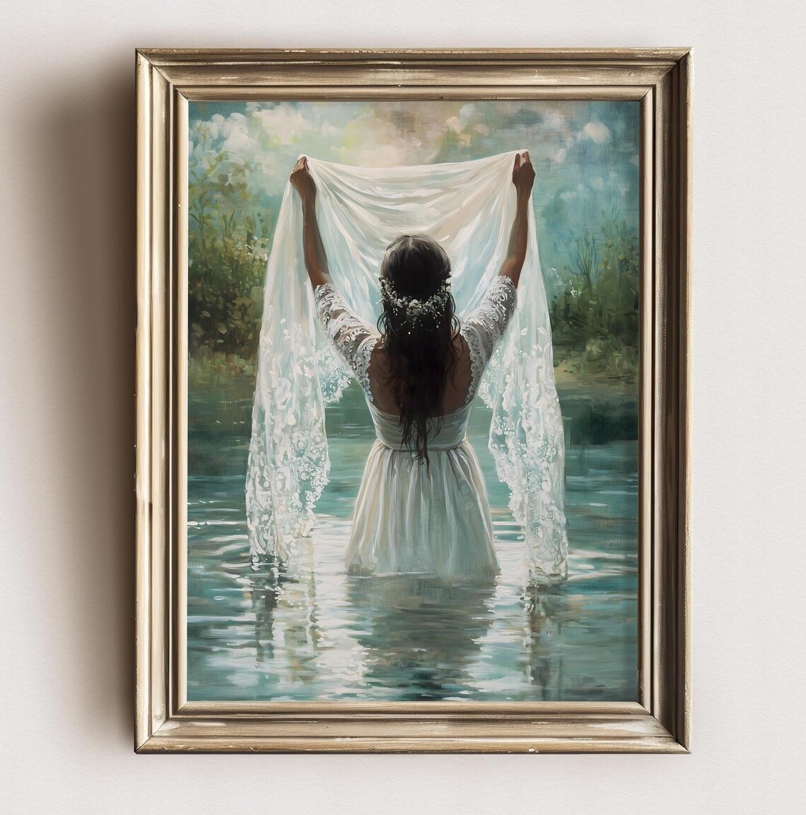 Woman Lace Veil Raised Sunlit Lake Green Reeds Romantic Painting Poster
