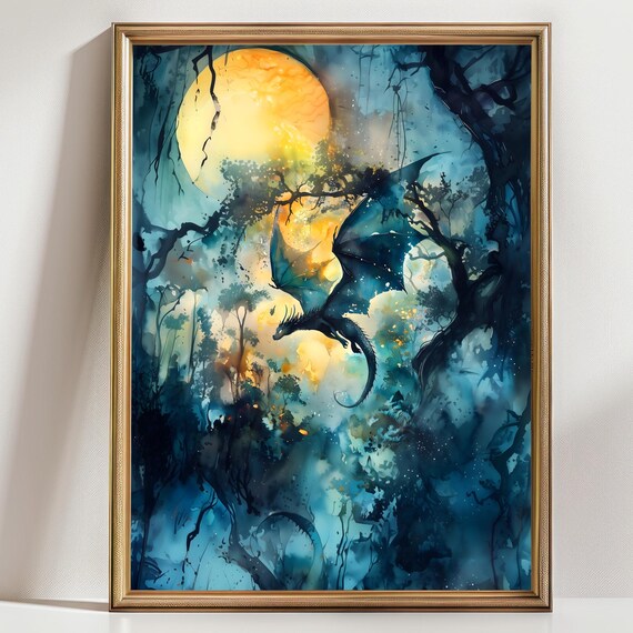 Forest Dragon Watercolor Art Vertical Poster Print Fantasy Art Forest And A Dragon Fantasy Painting Watercolor Illustration Dark Academia