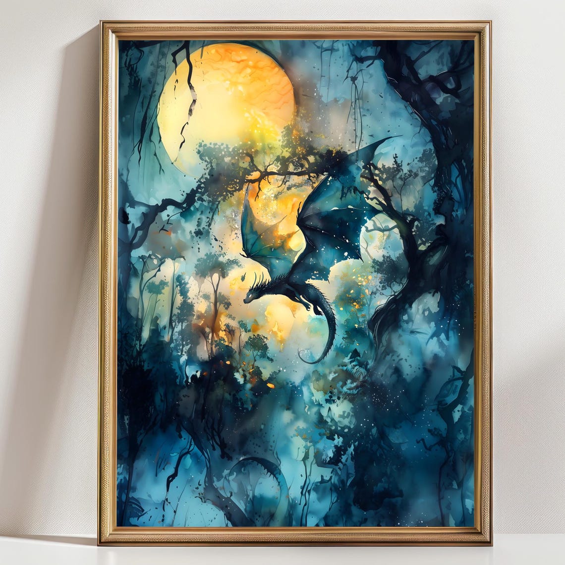 Dragon Flying Toward Golden Moon in Blue Forest Watercolor Print