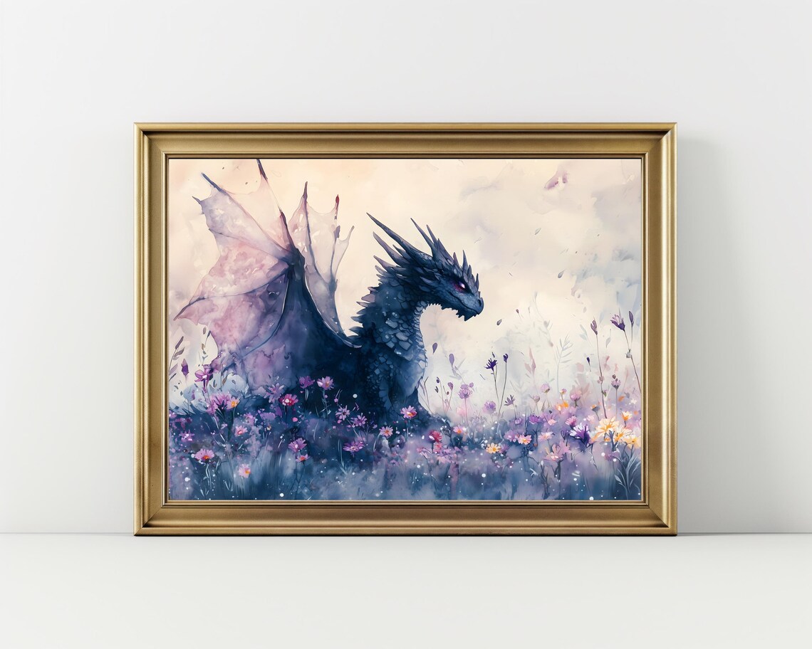 Dragon Watercolor Art Horizontal Poster Print Fantasy Art Forest And A Dragon Fantasy Painting Watercolor Illustration Dark Academia - Image 2