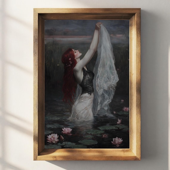 Redhead Woman Black Corset Lily Pond Sheer Veil Dusk Gothic Poster