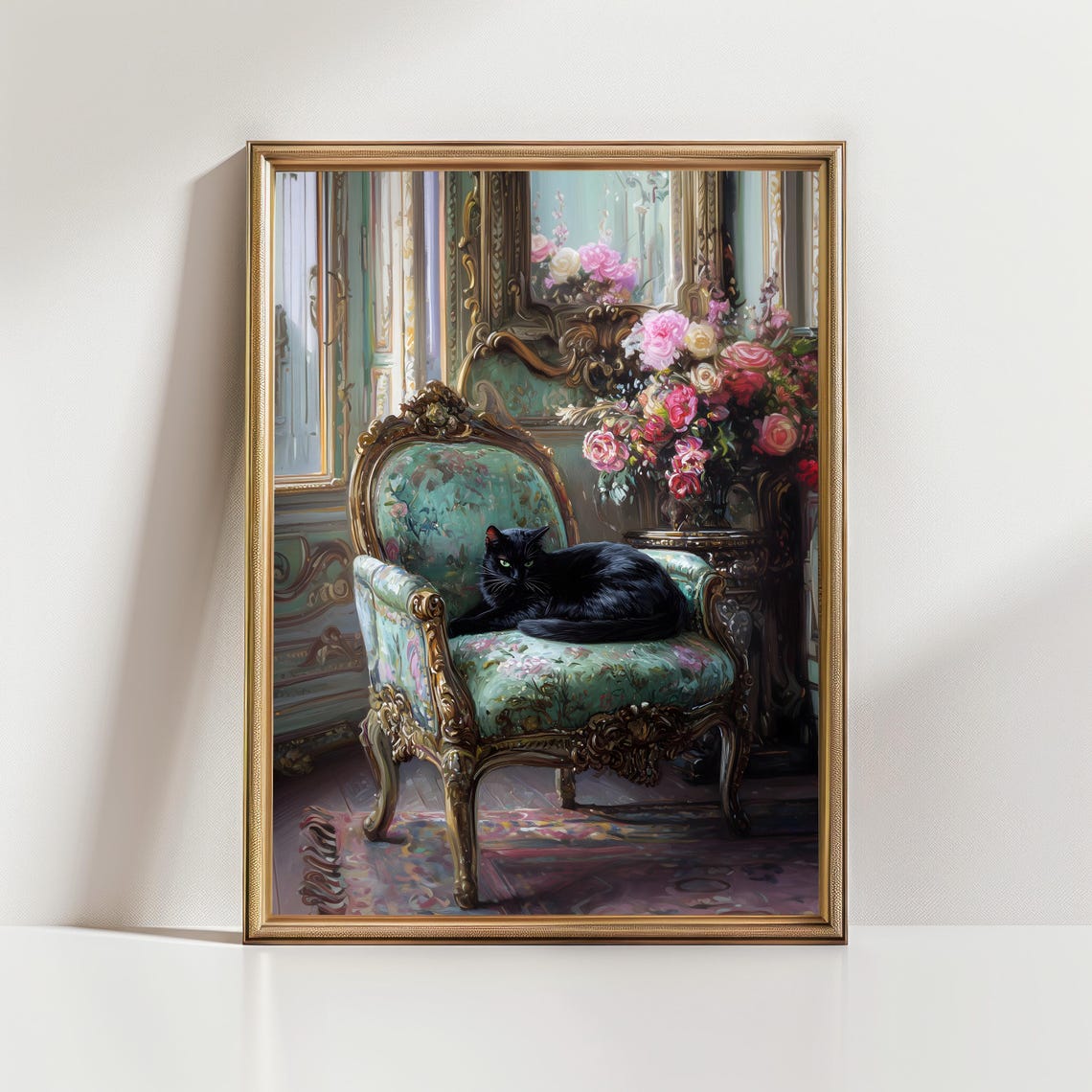Black Cat Resting On Green Floral Rococo Chair Elegant Cat Art Poster - Image 2