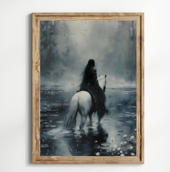 Dark Academia Print On A Horse Into Lake Goth Moody Victorian Wall Art Dark Decor Aesthetic Dark Cottagecore Gothic Prints Into Lake