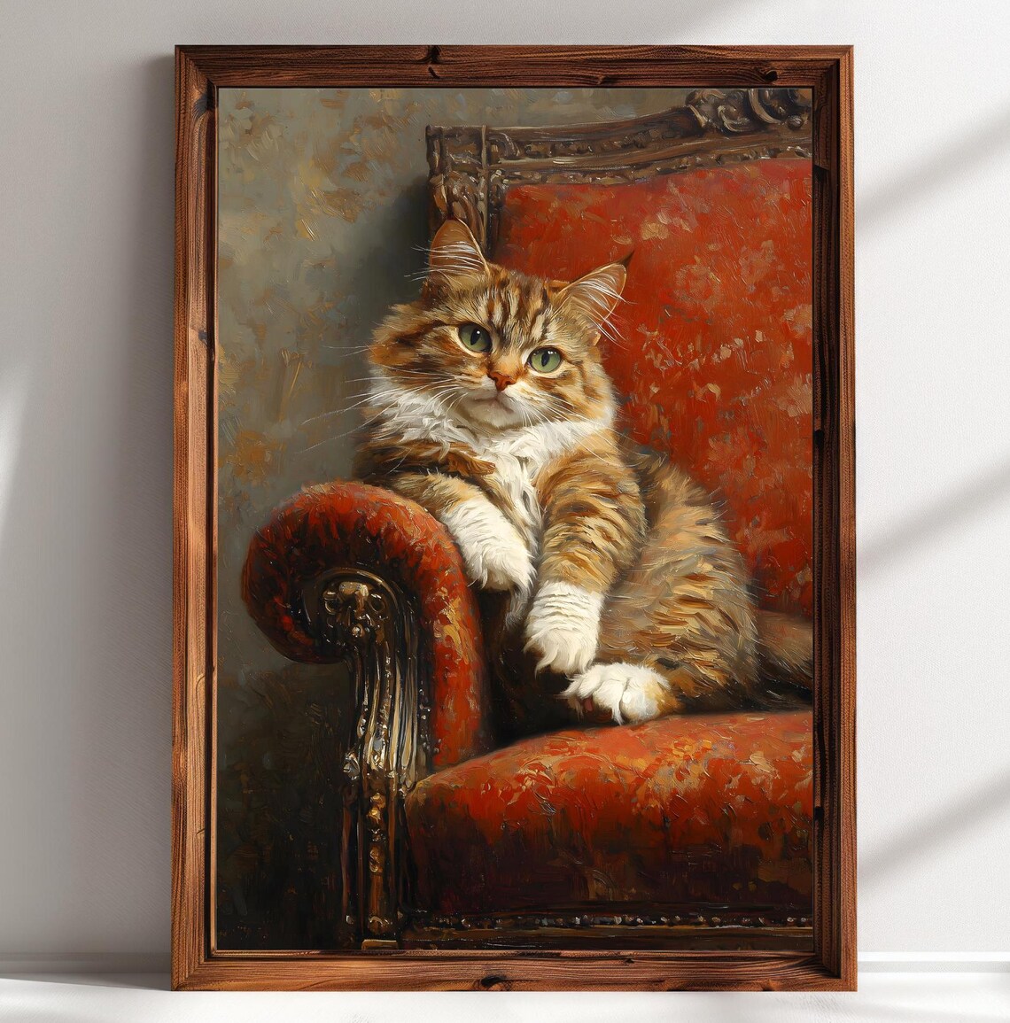 Fluffy Tabby Cat Red Velvet Armchair Vintage Portrait Oil Painting Print - Image 2