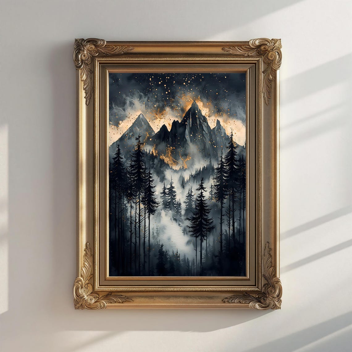 Black Gold Starry Night Mountains Pine Forest Mist Celestial Wall Art - Image 2