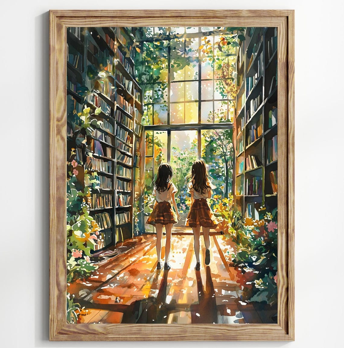 Two Girls Walking Sunlit Library Aisle Greenhouse Art Poster