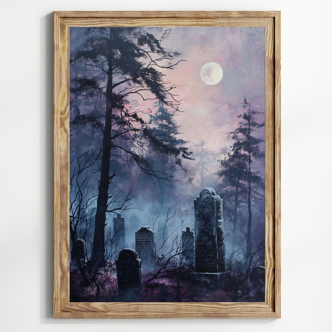 Haunted Graveyard Under Full Moon Misty Blue Night Cemetery Art Print - Image 3