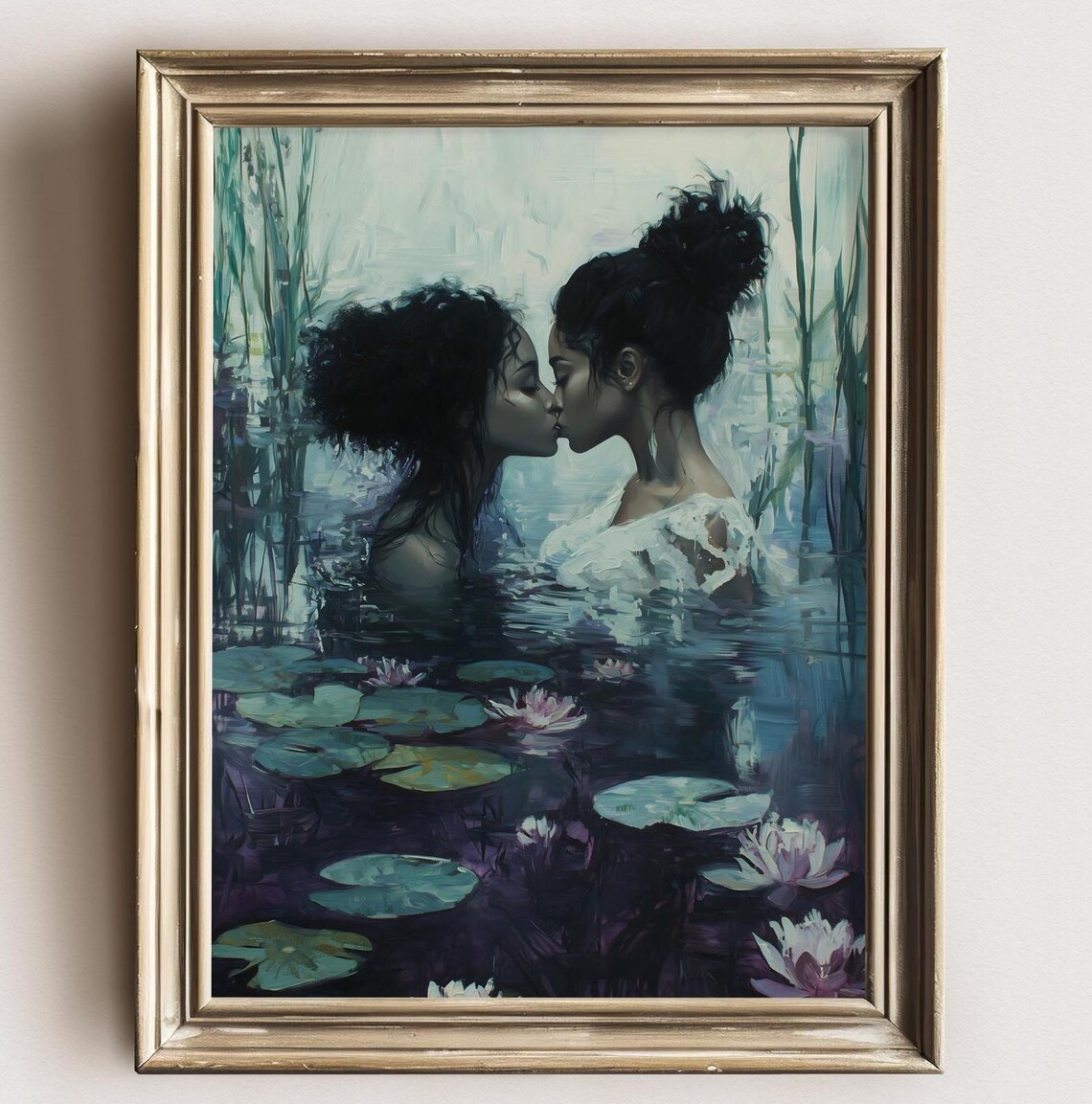 Two Women Kissing in Water Among Lily Pads Dark Romantic Art Print