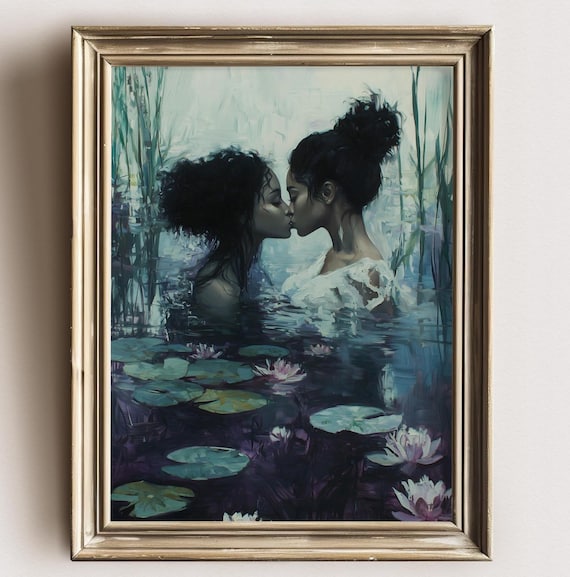 Two Women Kissing in Water Among Lily Pads Dark Romantic Art Print