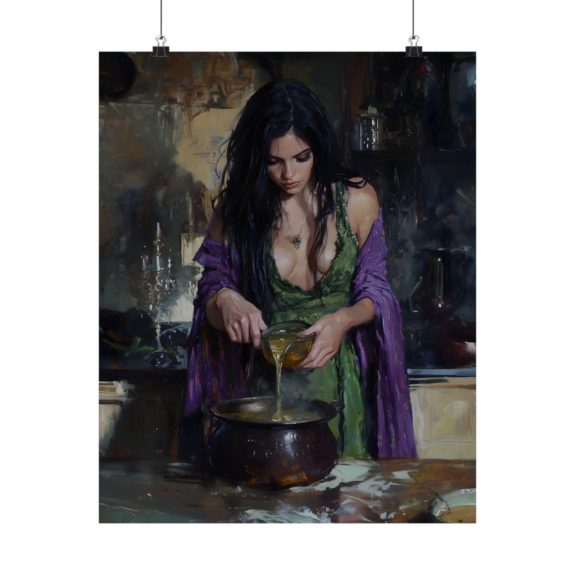 Enchanting Witch Brewing Potion In Cauldron Dark Kitchen Oil Art Print - Image 2