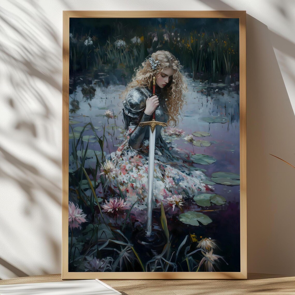 Female Knight Lady of the Lake Sword in Water Lily Pond Fantasy Poster